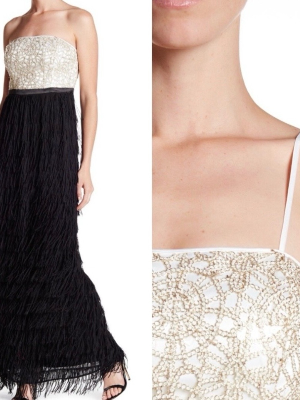 Nicole Miller Strapless Beaded Ivory Bodice Black Fringe Evening Gown - size 14